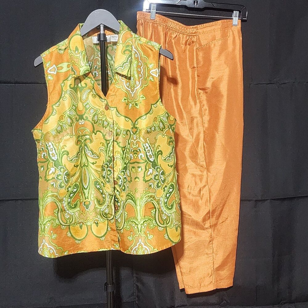 Women's XL Selene Sport Vintage Orange Green Paisley Sleeveless Blouse & Pants